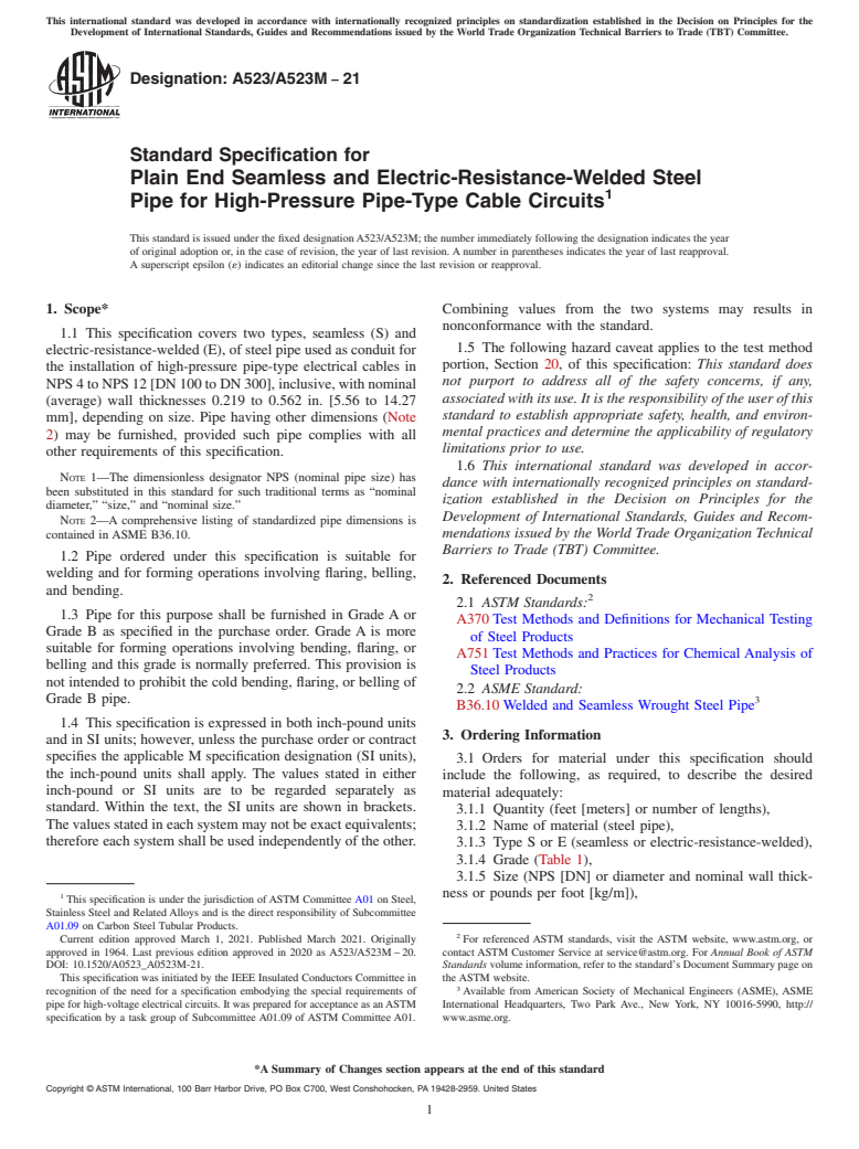 ASTM A523/A523M-21 - Standard Specification for  Plain End Seamless and Electric-Resistance-Welded Steel Pipe  for High-Pressure Pipe-Type Cable Circuits