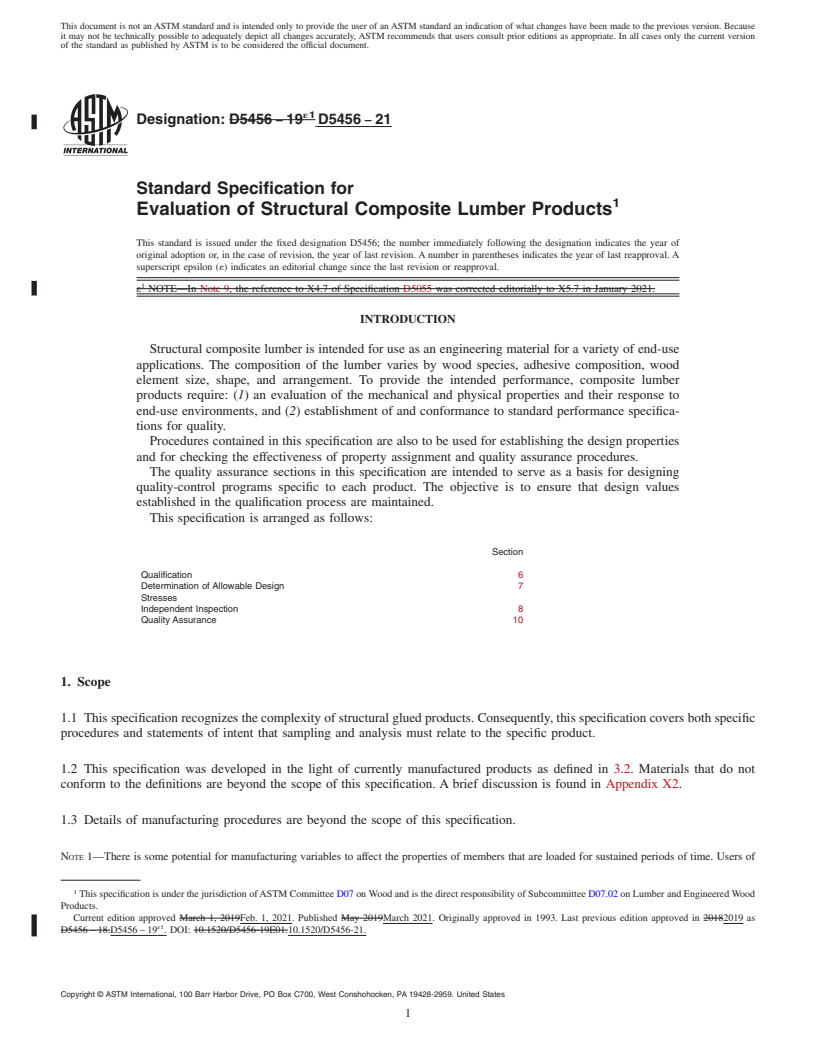 REDLINE ASTM D5456-21 - Standard Specification for Evaluation of Structural Composite Lumber Products