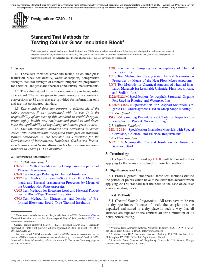 ASTM C240-21 - Standard Test Methods for Testing Cellular Glass Insulation Block
