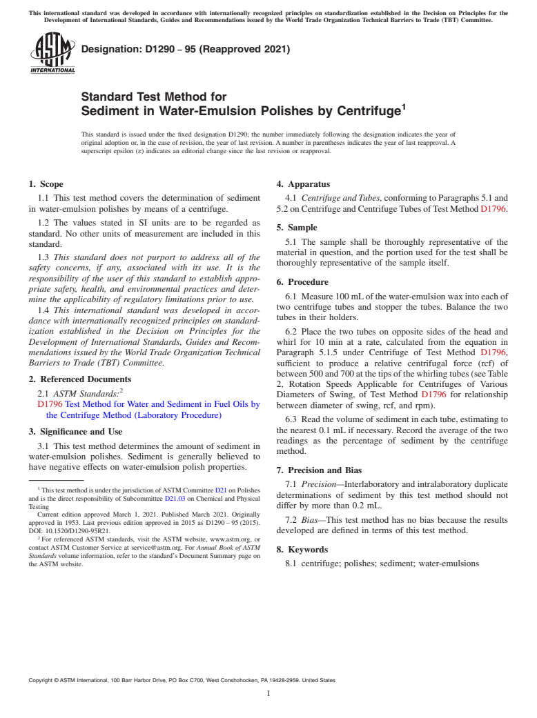 ASTM D1290-95(2021) - Standard Test Method for  Sediment in Water-Emulsion Polishes by Centrifuge