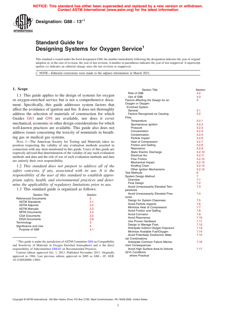 ASTM G88-13e1 - Standard Guide for  Designing Systems for Oxygen Service