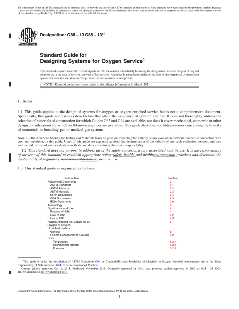 REDLINE ASTM G88-13e1 - Standard Guide for  Designing Systems for Oxygen Service