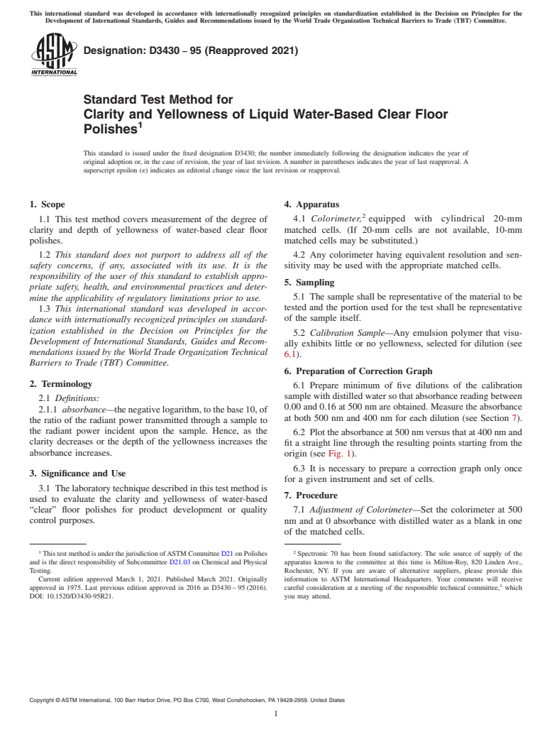 ASTM D3430-95(2021) - Standard Test Method for  Clarity and Yellowness of Liquid Water-Based Clear Floor Polishes