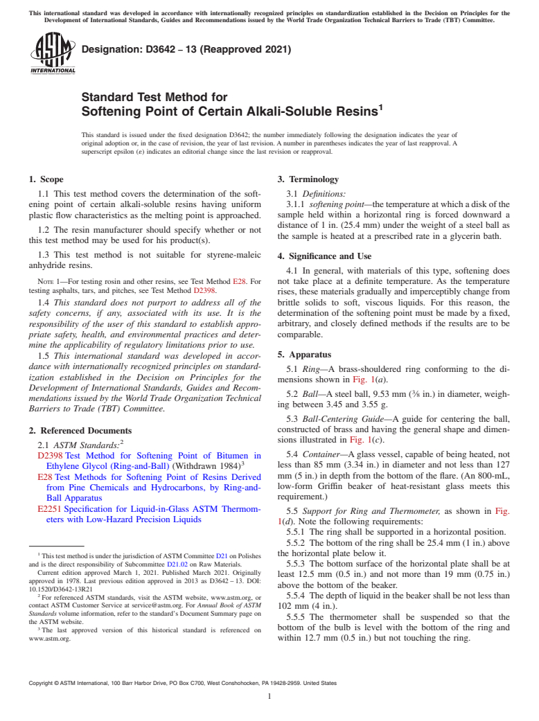 ASTM D3642-13(2021) - Standard Test Method for  Softening Point of Certain Alkali-Soluble Resins