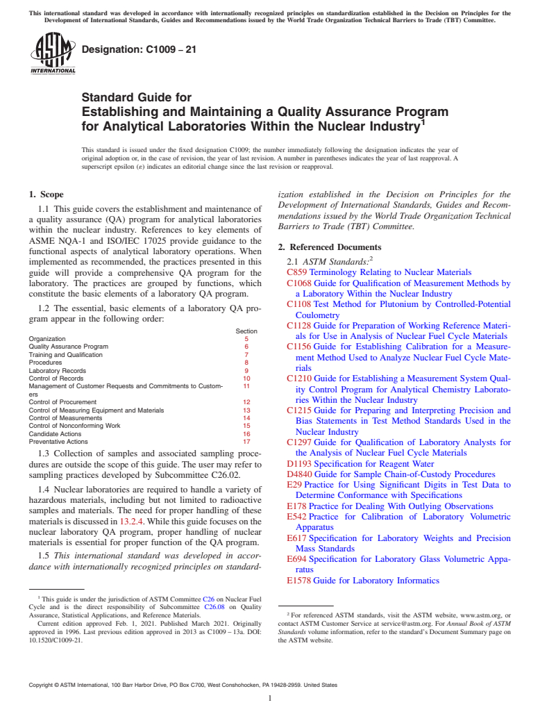 ASTM C1009-21 - Standard Guide for  Establishing and Maintaining a Quality Assurance Program for  Analytical Laboratories Within the Nuclear Industry