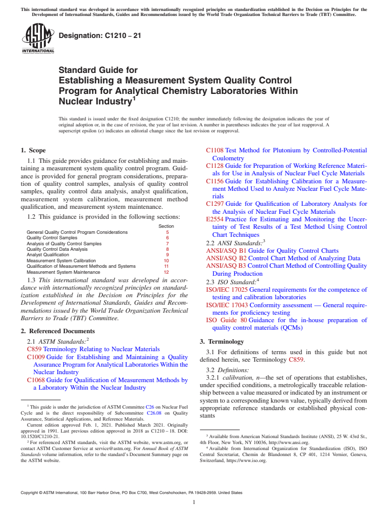 ASTM C1210-21 - Standard Guide for  Establishing a Measurement System Quality Control Program for Analytical Chemistry Laboratories Within Nuclear Industry