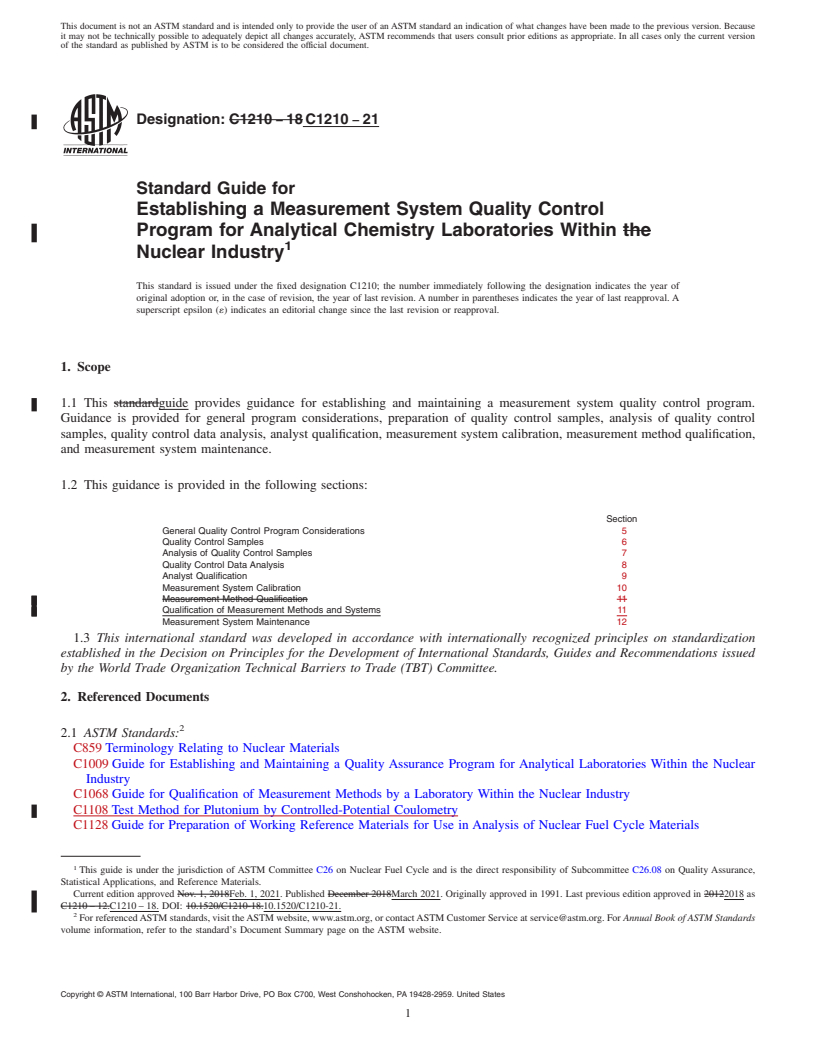 REDLINE ASTM C1210-21 - Standard Guide for  Establishing a Measurement System Quality Control Program for Analytical Chemistry Laboratories Within Nuclear Industry