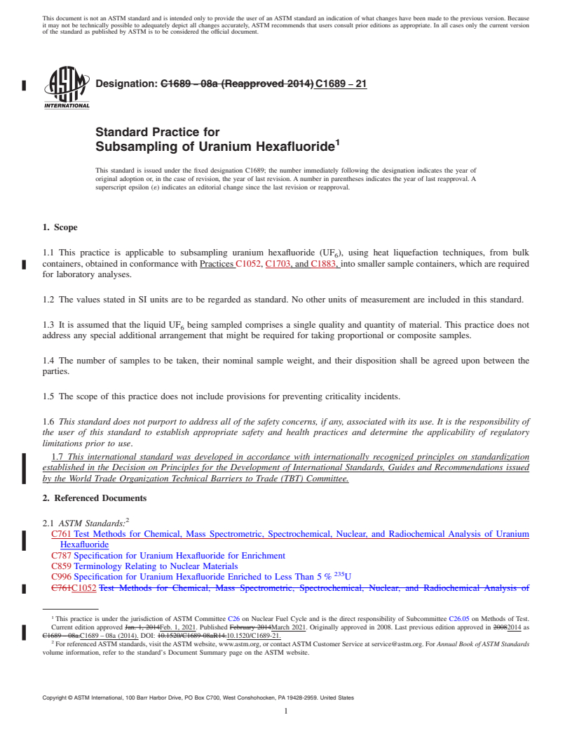 REDLINE ASTM C1689-21 - Standard Practice for  Subsampling of Uranium Hexafluoride