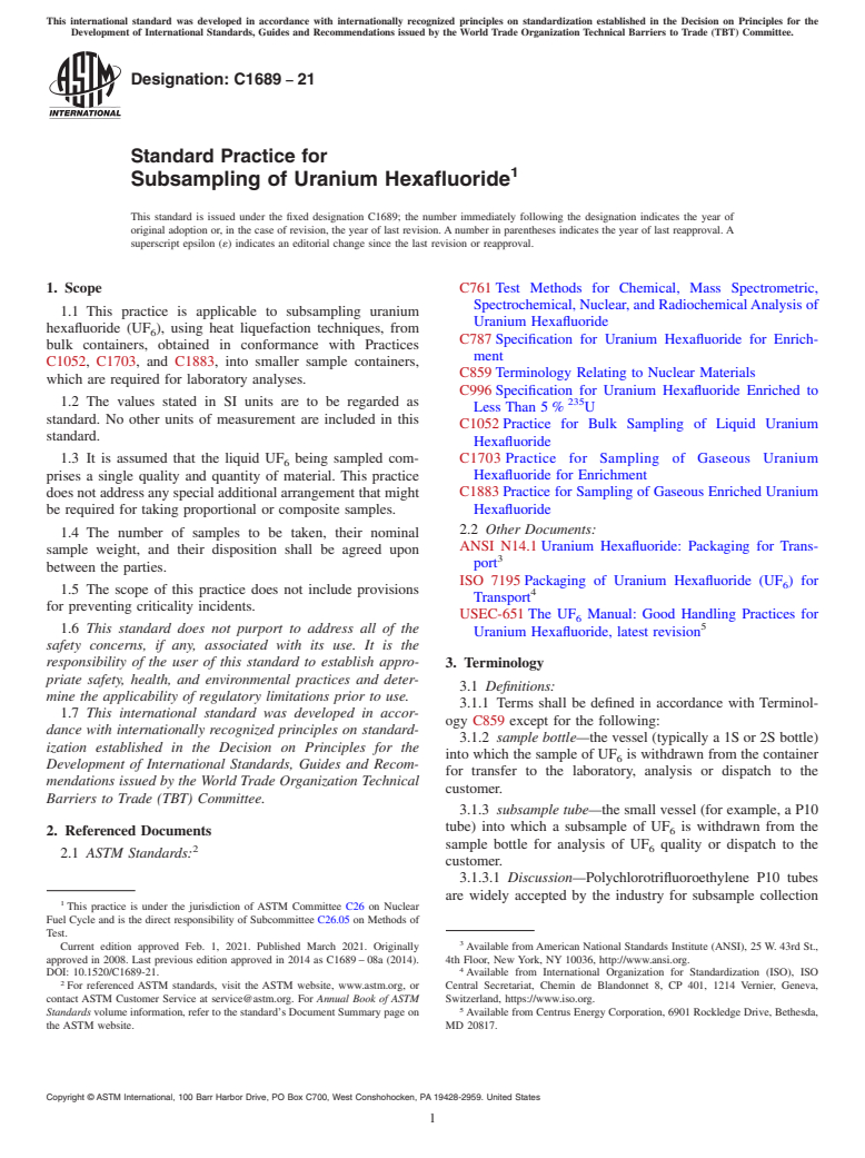 ASTM C1689-21 - Standard Practice for  Subsampling of Uranium Hexafluoride