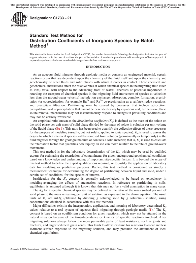 ASTM C1733-21 - Standard Test Method for  Distribution Coefficients of Inorganic Species by Batch Method