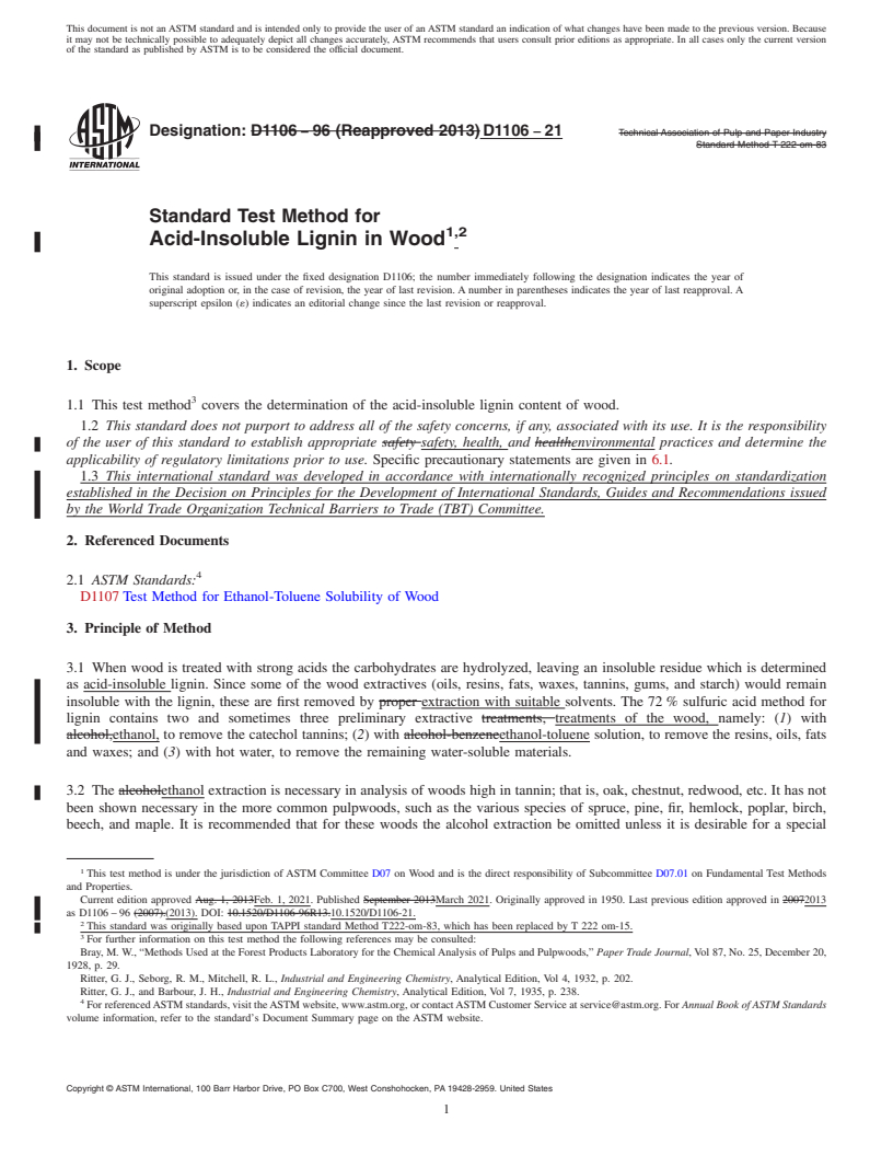 REDLINE ASTM D1106-21 - Standard Test Method for  Acid-Insoluble Lignin in Wood<sup>,</sup  >