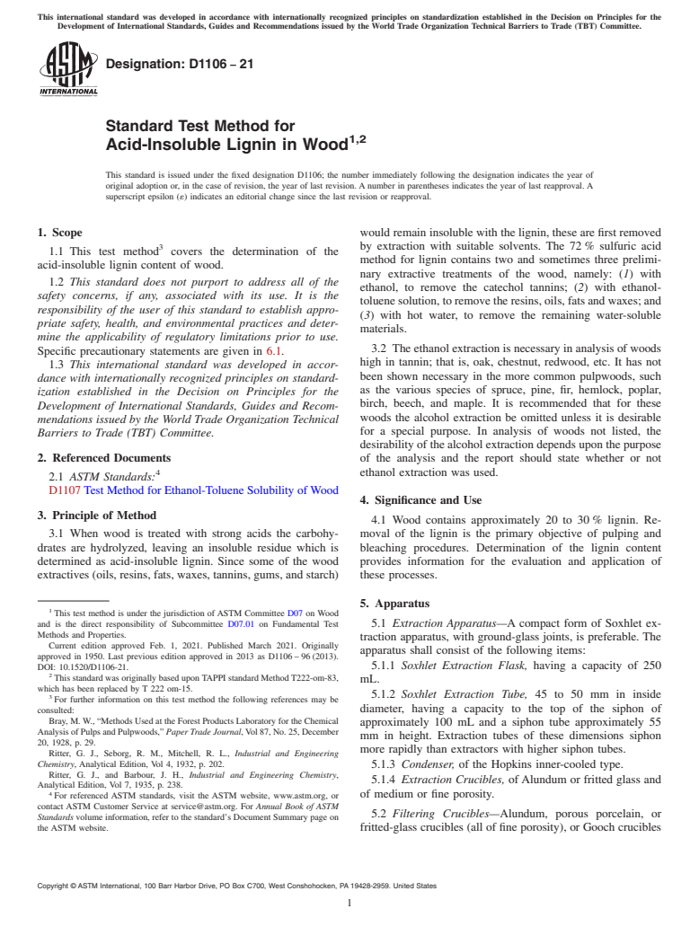 ASTM D1106-21 - Standard Test Method for  Acid-Insoluble Lignin in Wood<sup>,</sup  >