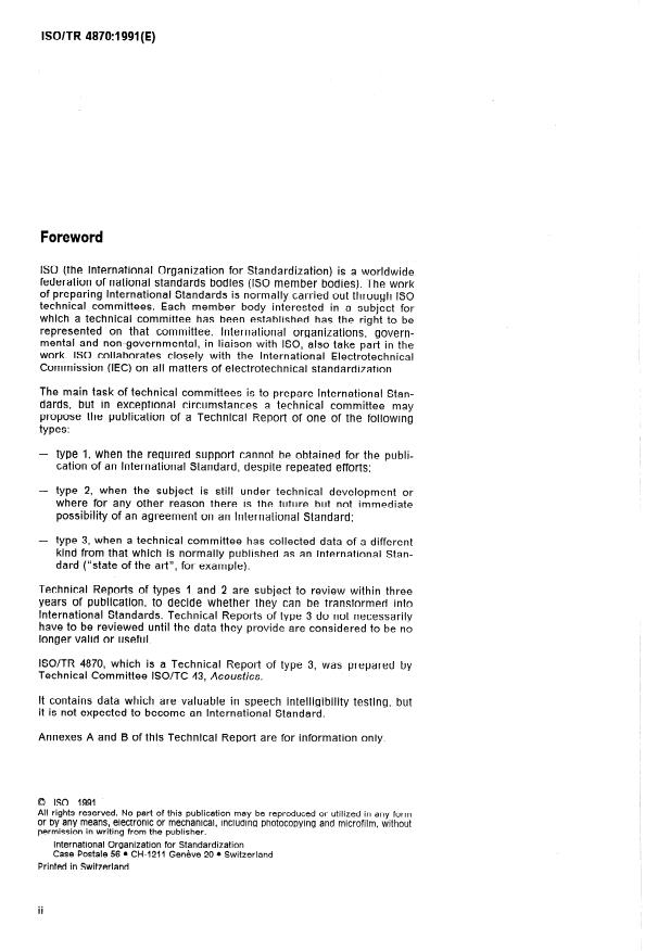 ISO/TR 4870:1991 ISO/TR 4870:1991 - Acoustics -- The construction and calibration of speech intelligibility tests - Page 2 preview