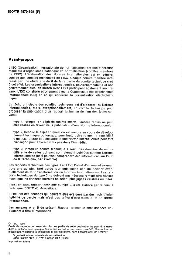 ISO/TR 4870:1991 ISO/TR 4870:1991 - Acoustique -- Élaboration et étalonnage des tests d'intelligibilité de parole - Page 2 preview