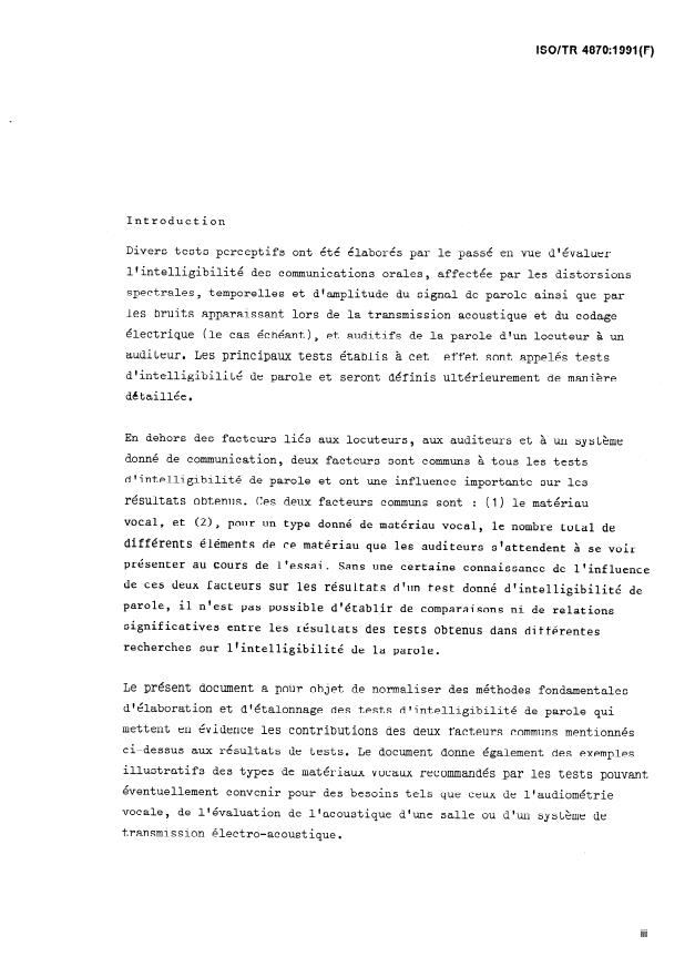 ISO/TR 4870:1991 ISO/TR 4870:1991 - Acoustique -- Élaboration et étalonnage des tests d'intelligibilité de parole - Page 3 preview