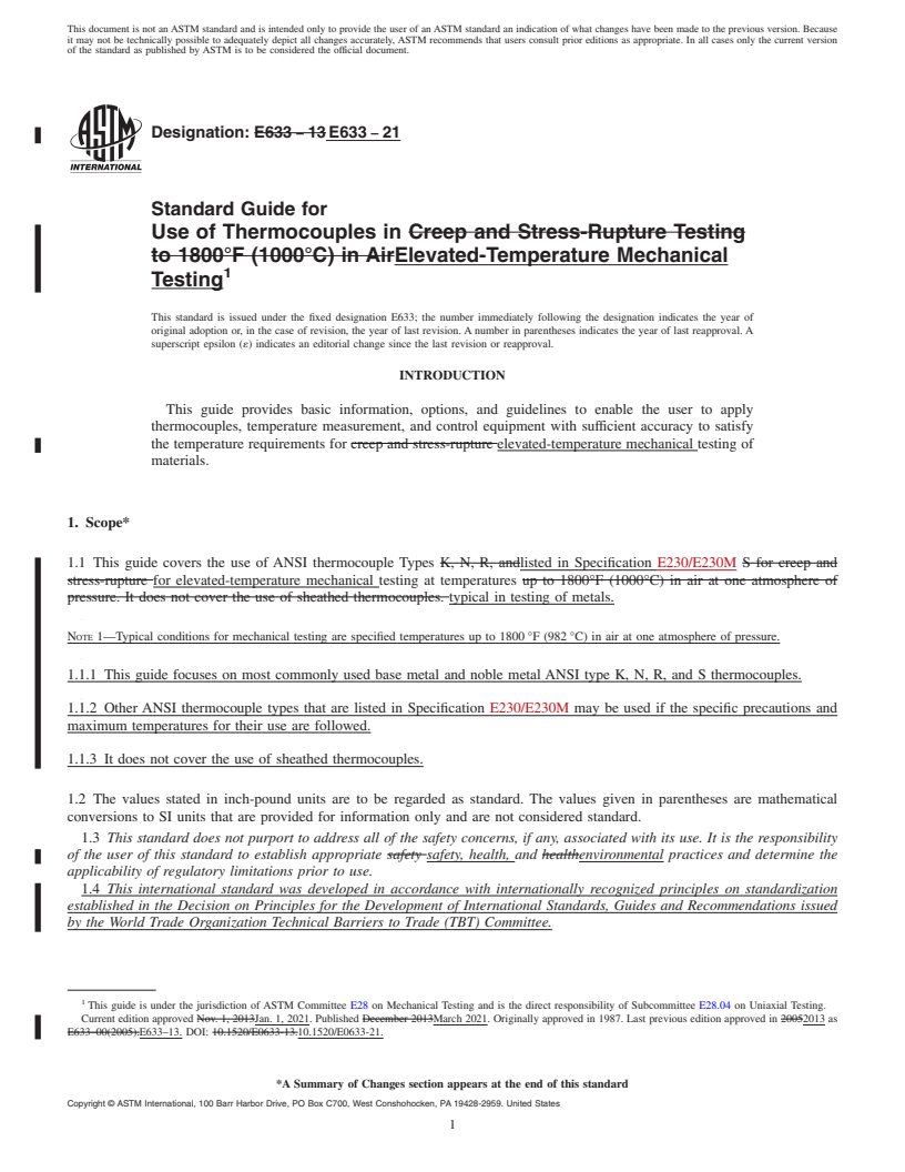 REDLINE ASTM E633-21 - Standard Guide for  Use of Thermocouples in Elevated-Temperature Mechanical Testing