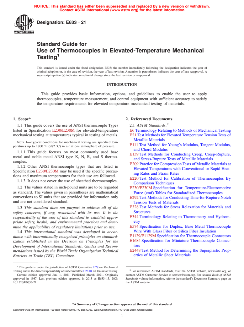 ASTM E633-21 - Standard Guide for  Use of Thermocouples in Elevated-Temperature Mechanical Testing