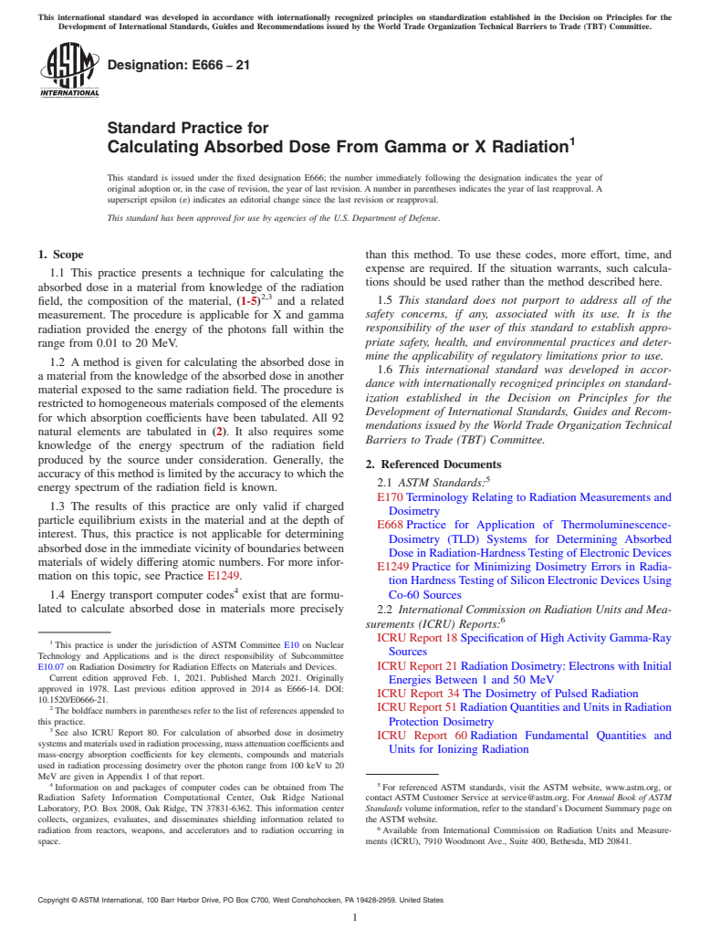 ASTM E666-21 - Standard Practice for  Calculating Absorbed Dose From Gamma or X Radiation