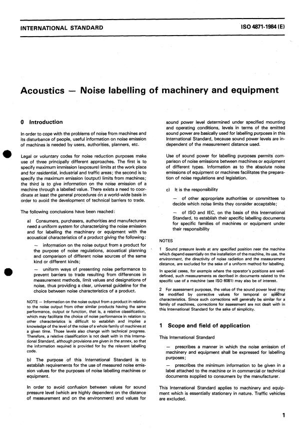 ISO 4871:1984 - Acoustics -- Noise labelling of machinery and equipment