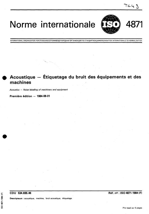 ISO 4871:1984 - Acoustique -- Étiquetage du bruit des équipements et des machines