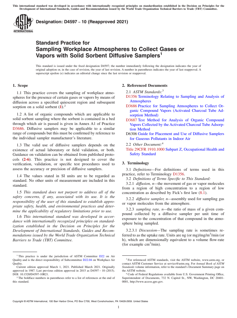 ASTM D4597-10(2021) - Standard Practice for  Sampling Workplace Atmospheres to Collect Gases or Vapors with  Solid Sorbent Diffusive Samplers