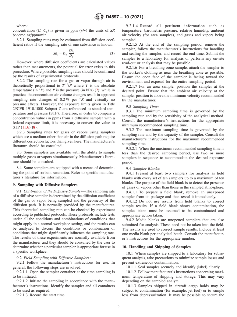 ASTM D4597-10(2021) - Standard Practice for  Sampling Workplace Atmospheres to Collect Gases or Vapors with  Solid Sorbent Diffusive Samplers