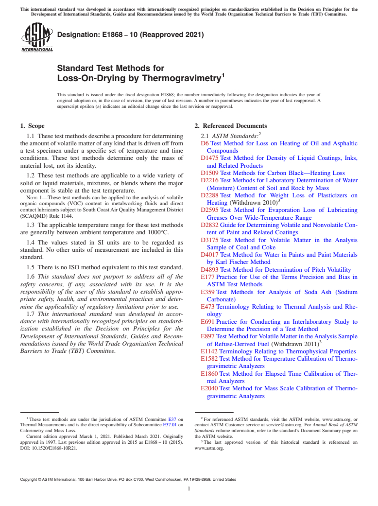 ASTM E1868-10(2021) - Standard Test Methods for  Loss-On-Drying by Thermogravimetry