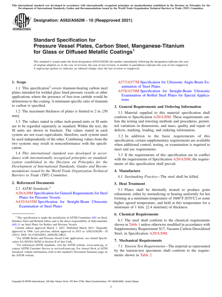 ASTM A562/A562M-10(2021) - Standard Specification for  Pressure Vessel Plates, Carbon Steel, Manganese-Titanium for  Glass or Diffused Metallic Coatings