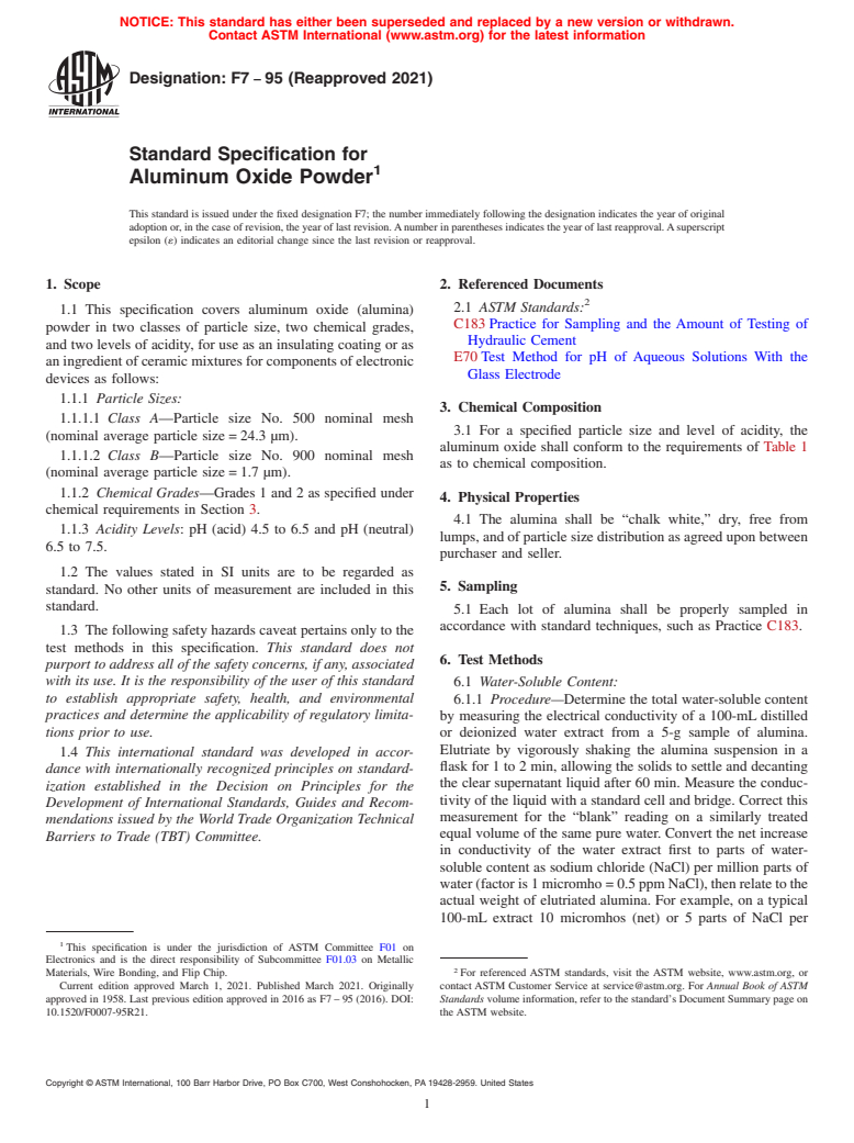 ASTM F7-95(2021) - Standard Specification for  Aluminum Oxide Powder (Withdrawn 2023)