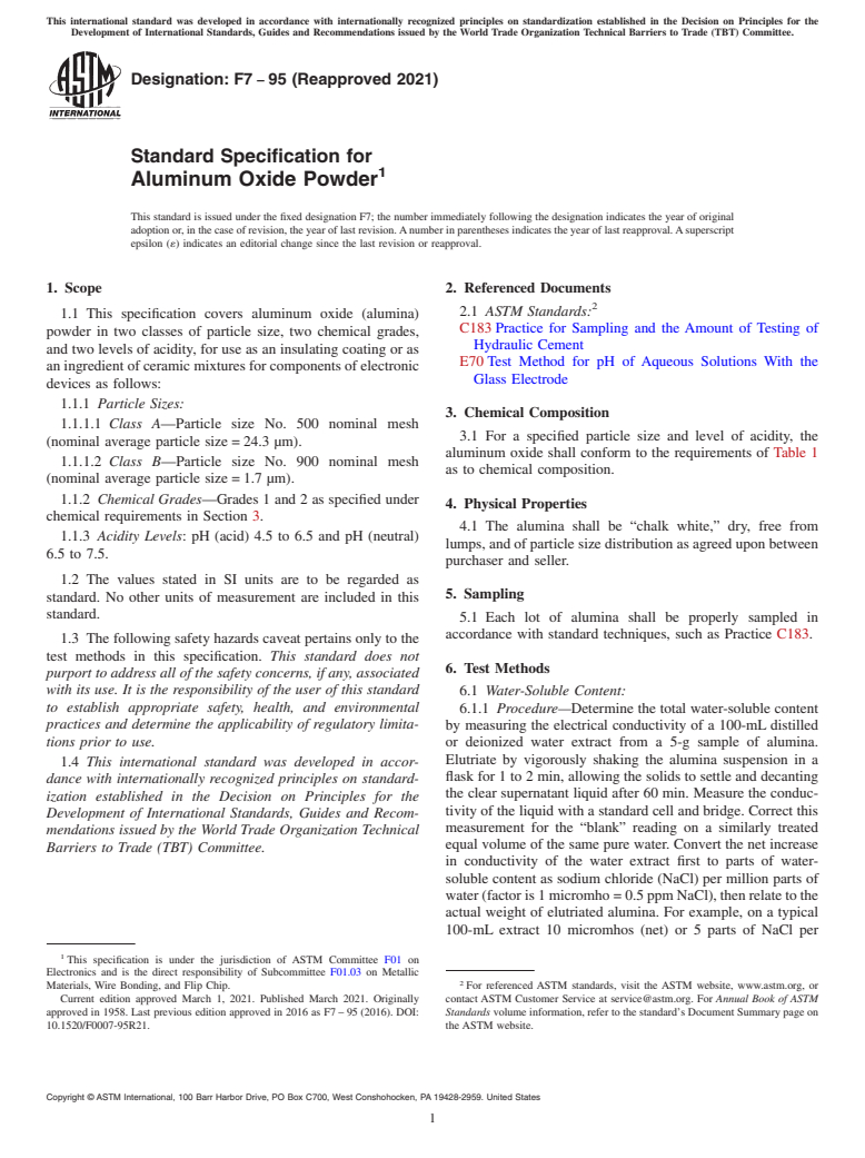 ASTM F7-95(2021) - Standard Specification for  Aluminum Oxide Powder