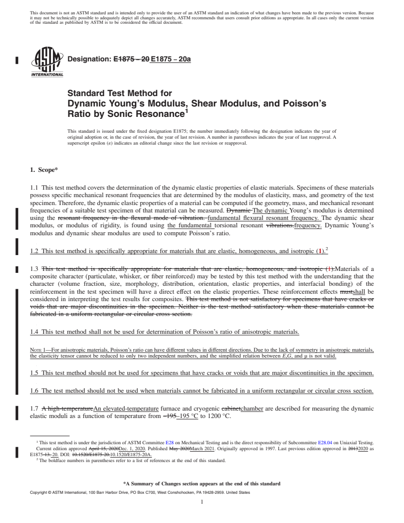 REDLINE ASTM E1875-20a - Standard Test Method for  Dynamic Young&apos;s Modulus, Shear Modulus, and Poisson&apos;s  Ratio by Sonic Resonance