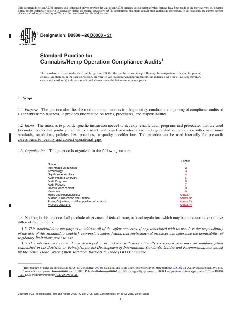 REDLINE ASTM D8308-21 - Standard Practice for Cannabis/Hemp Operation Compliance Audits