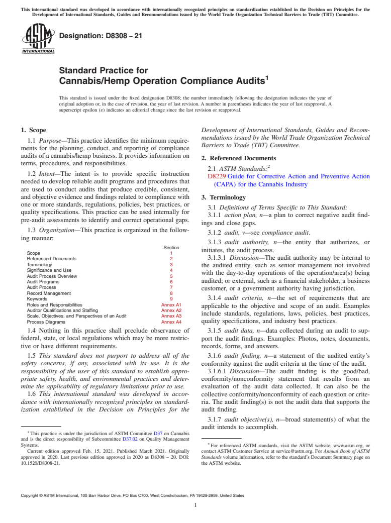 ASTM D8308-21 - Standard Practice for Cannabis/Hemp Operation Compliance Audits