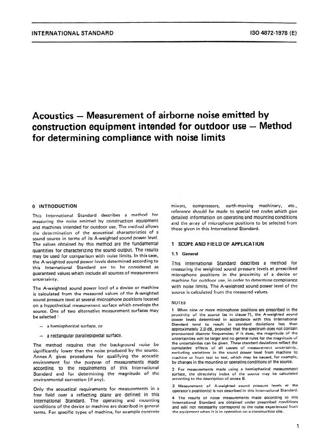 ISO 4872:1978 - Acoustics -- Measurement of airborne noise emitted by construction equipment intended for outdoor use -- Method for determining compliance with noise limits