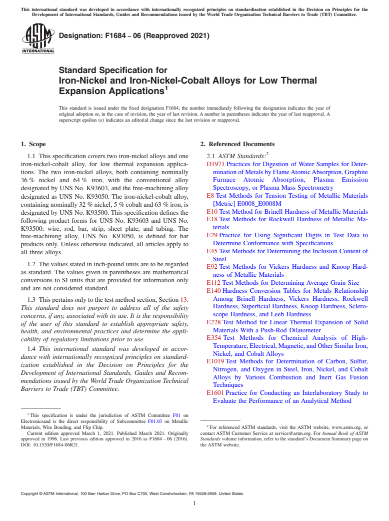 ASTM F1684-06(2021) - Standard Specification for  Iron-Nickel and Iron-Nickel-Cobalt Alloys for Low Thermal Expansion   Applications