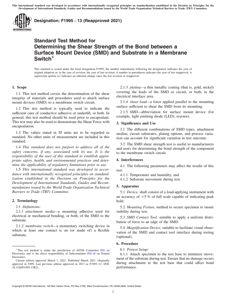 ASTM F1995-13(2021) - Standard Test Method for  Determining the Shear Strength of the Bond between a Surface  Mount Device (SMD) and Substrate in a Membrane Switch