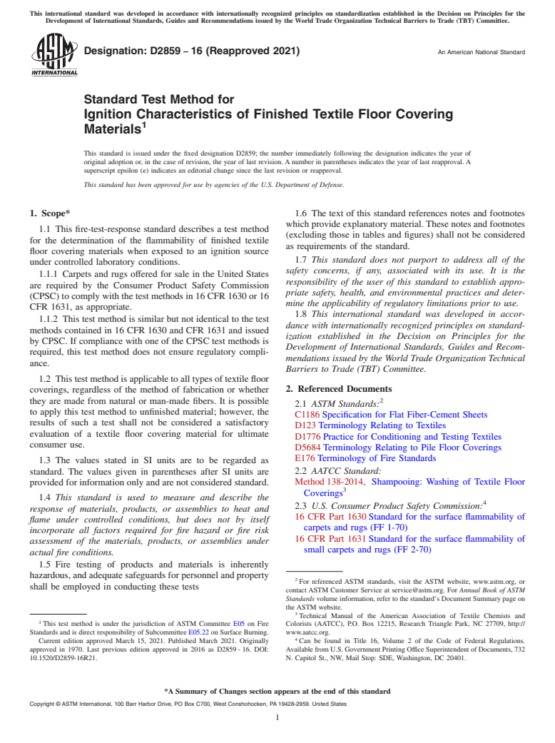 ASTM D2859-16(2021) - Standard Test Method for  Ignition Characteristics of Finished Textile Floor Covering  Materials