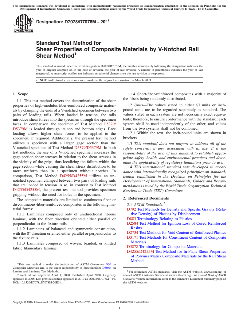 ASTM D7078/D7078M-20e1 - Standard Test Method for  Shear Properties of Composite Materials by V-Notched Rail Shear Method