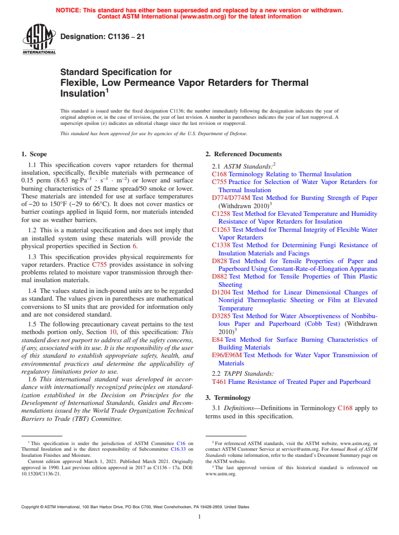 ASTM C1136-21 - Standard Specification for  Flexible, Low Permeance Vapor Retarders for Thermal Insulation