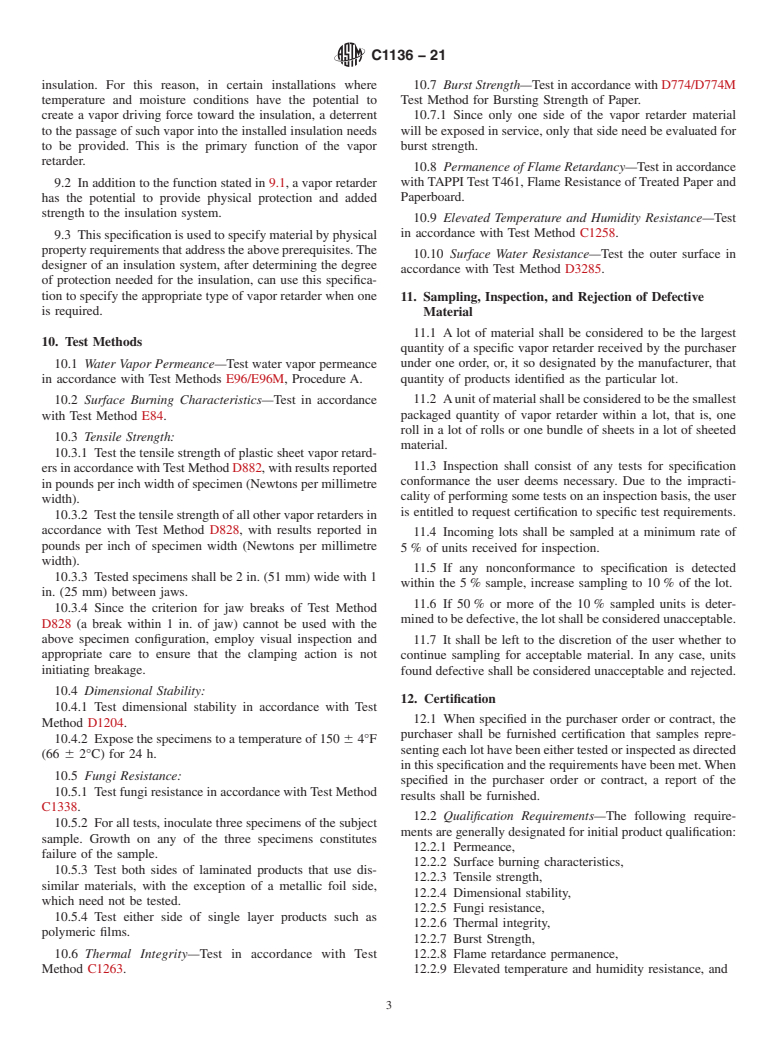 ASTM C1136-21 - Standard Specification for  Flexible, Low Permeance Vapor Retarders for Thermal Insulation