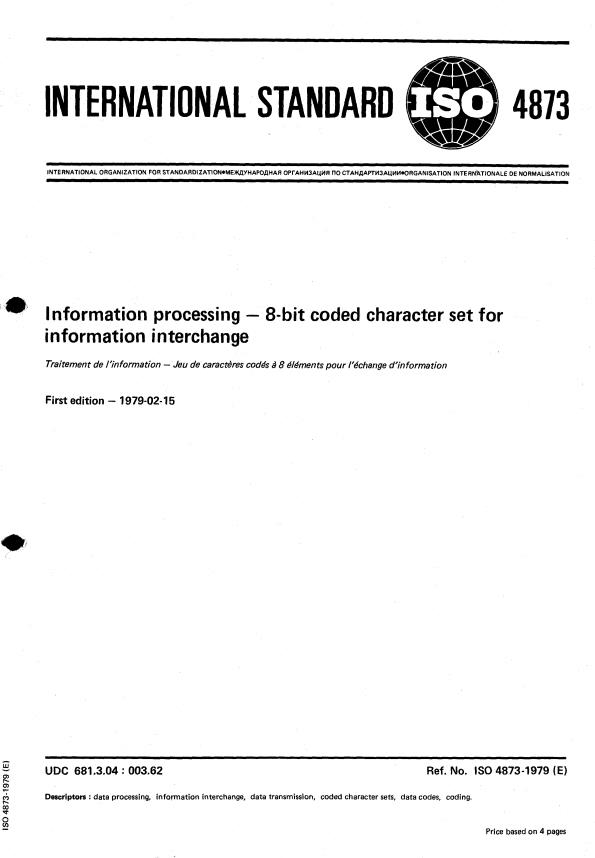 ISO 4873:1979 - Information processing -- 8- bit coded character set for information interchange