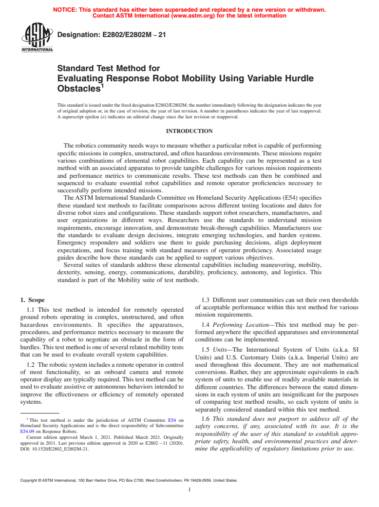 ASTM E2802/E2802M-21 - Standard Test Method for Evaluating Response Robot Mobility Using Variable Hurdle  Obstacles