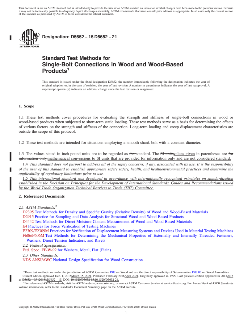 REDLINE ASTM D5652-21 - Standard Test Methods for  Single-Bolt Connections in Wood and Wood-Based Products