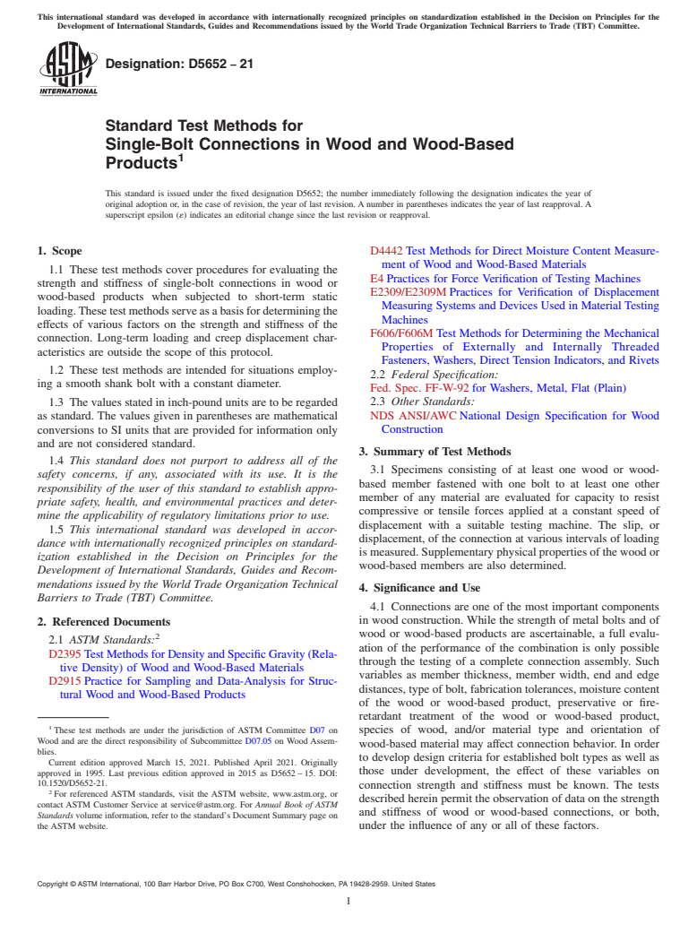 ASTM D5652-21 - Standard Test Methods for  Single-Bolt Connections in Wood and Wood-Based Products