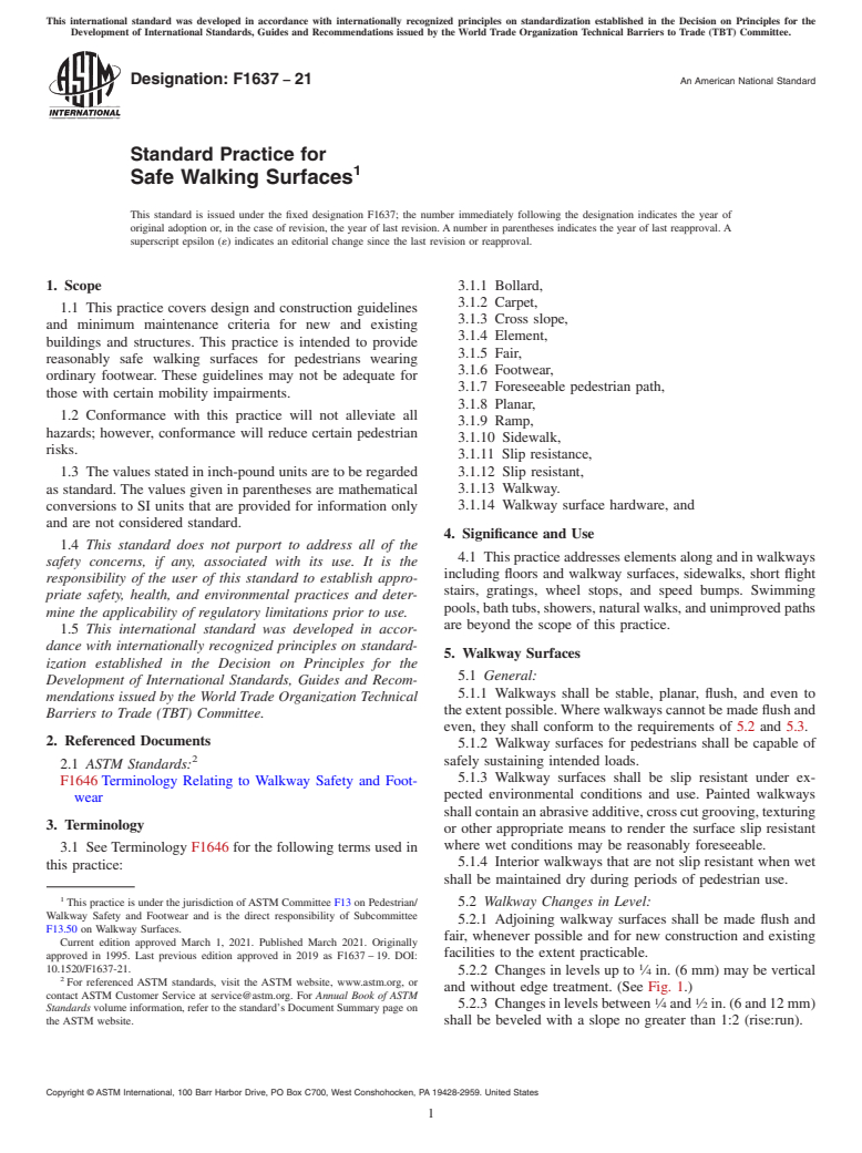 ASTM F1637-21 - Standard Practice for  Safe Walking Surfaces