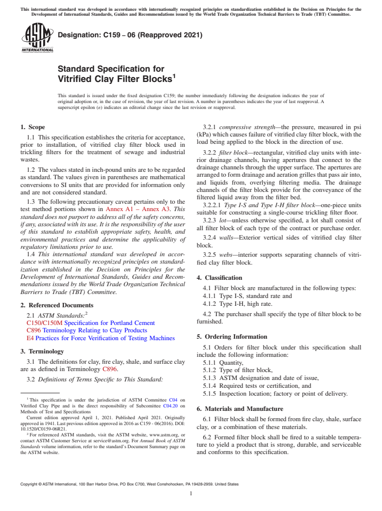 ASTM C159-06(2021) - Standard Specification for  Vitrified Clay Filter Blocks