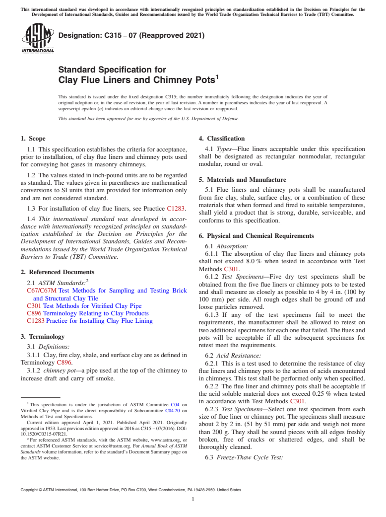 ASTM C315-07(2021) - Standard Specification for  Clay Flue Liners and Chimney Pots