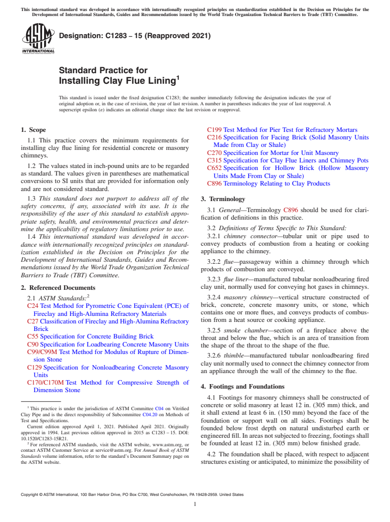 ASTM C1283-15(2021) - Standard Practice for Installing Clay Flue Lining