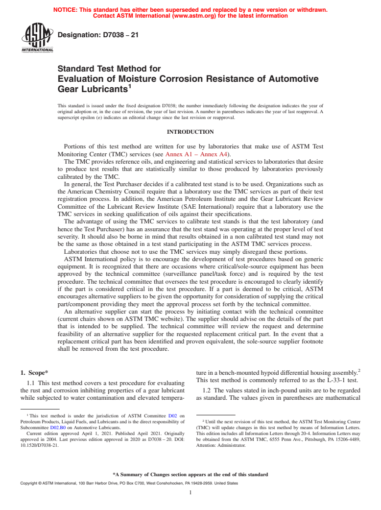 ASTM D7038-21 - Standard Test Method for  Evaluation of Moisture Corrosion Resistance of Automotive Gear  Lubricants