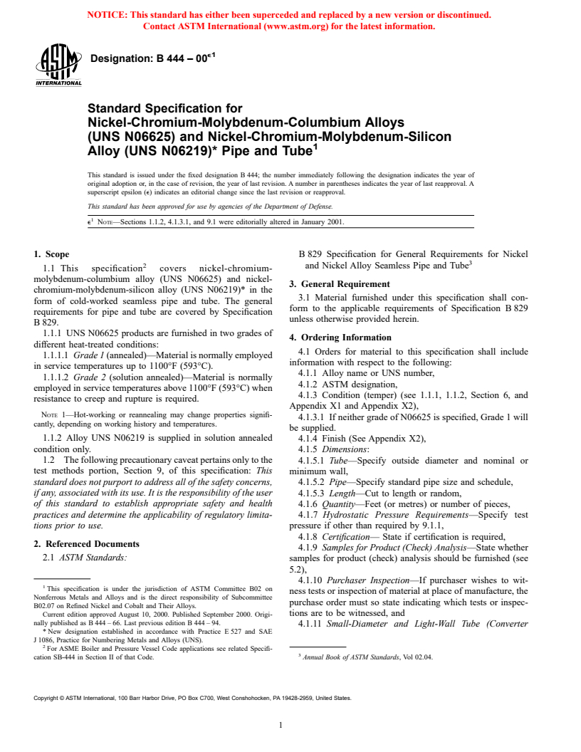 ASTM B444-00e1 - Standard Specification for Nickel-Chromium-Molybdenum-Columbium Alloys (UNS N06625) and Nickel-Chromium-Molybdenum-Silicon Alloy (UNS N06219)* Pipe and Tube